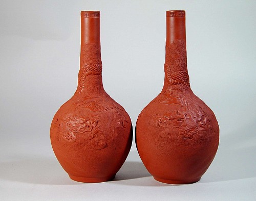 Inventory:  Japanese Porcelain, Japanese Red Stoneware Potttery Bottle Vases, Early 20th Century, SOLD &bull;