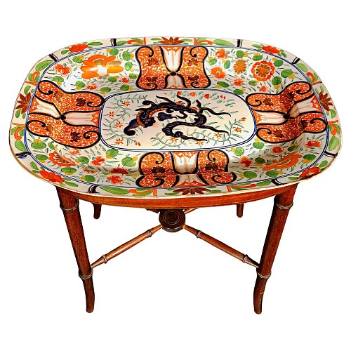 Inventory:  Coalport Factory, Regency Coalport â€œImari Dragonâ€ Porcelain Dish Mounted as Cocktail Table, 1805-15, SOLD •