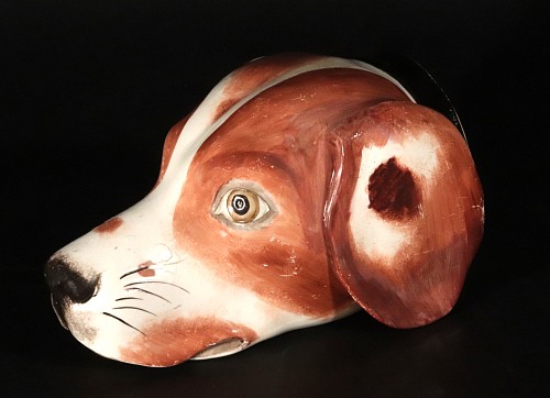 Inventory:  British Pottery, Staffordshire Pearlware Pottery Fox Hound Stirrup Cup, 1820, $3,750