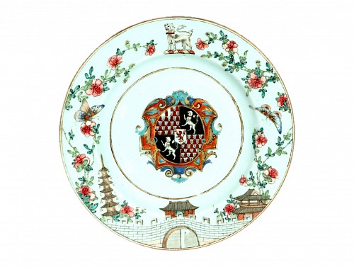 Inventory:  Chinese Export Porcelain, Yongzheng Period Chinese Export Porcelain Armorial Plate with Arms of Gresley Quarterly with Bowyer in Pretence, 1735, $7,500