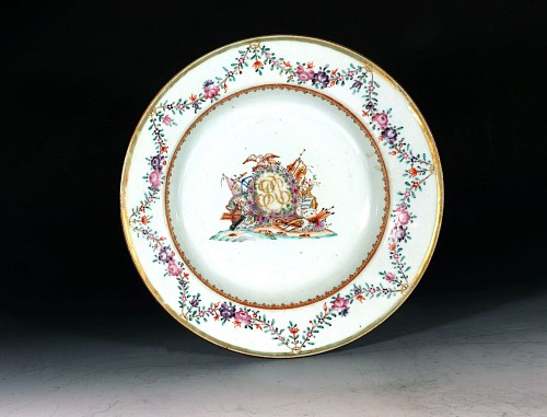 Inventory:  Chinese Export Porcelain, Chinese Export Porcelain Pseudo-armorial Crested Soup Plate, 1765, $1,500
