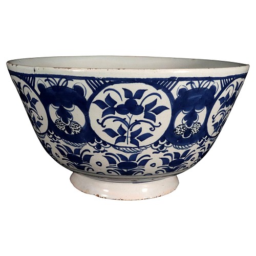Inventory:  Dutch Delft, Dutch Delft Blue & White Chinoiserie Botanical Punch Bowl, 1720, $2,250