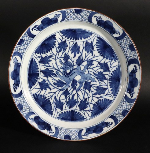 Inventory:  Dutch Delft, Dutch Delft Large Dish with Chinoiserie Dragon Design, 1700, $2,000
