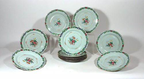 Inventory:  Chinese Export Porcelain, Chinese Export Famille Rose Porcelain Plates with Green Enamel, Set of Twelve, 1770, $5,000