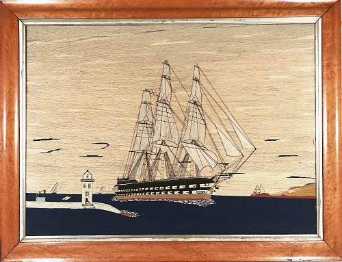 Inventory:  Sailor's Woolwork, Sailor's Woolwork of Royal Navy Battleship Coming Into Port with an Unusual Perspective, 1865, $8,500
