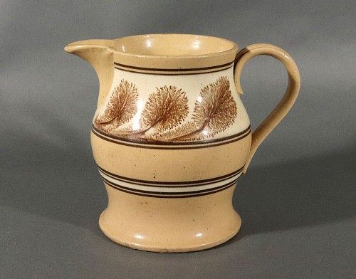 Inventory:  Mocha, American Mocha Yellow Ware Jug with Puce Seaweed Decoration, 1860, $775
