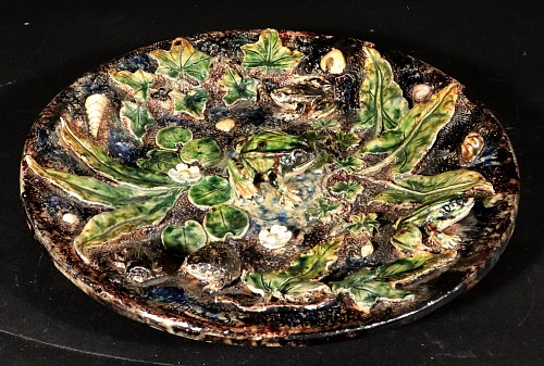 Inventory:  Majolica, French Majolica Palissy Dish Frogs amongst Lilies, LÃ©on Brard, 1890, $3,500