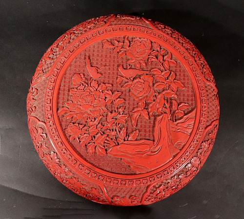 Inventory:  China Trade, Chinese Carved Cinnabar Red Lacquer Circular Box and Cover, 1st Half 20th Century, $3,750