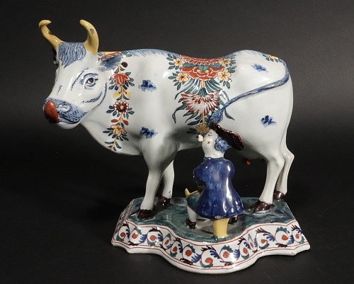 Dutch Delft Dutch Delft Polychrome Model of a Cow Milking Group, De Twee Scheepjes Pottery, 1765-70 $3,000