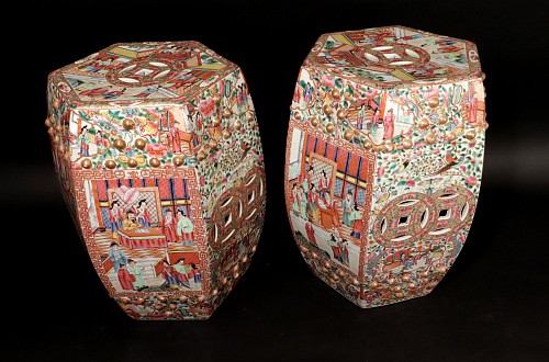 Inventory:  Chinese Export Porcelain, Chinese Export Porcelain Hexagonal Garden Seats, A Pair, 1850-60, $12,500