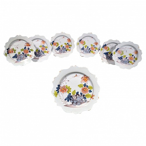 British Delftware Bristol Delftware Set of Six Chinoiserie Polychrome Plates, Redbank Back Factory, 1760 $5,000