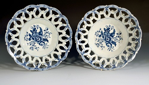 Inventory:  First Period Worcester Porcelain, First Period Worcester Porcelain Large Pair of Openwork Fruit Baskets with Pine Cone Pattern, 1770-75, $3,000