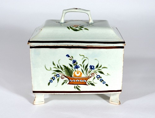 Inventory:  Pearlware, Swansea Prattware Pearlware Pottery Covered Botanical Double Tea Caddy Box, 1800-20, $2,000