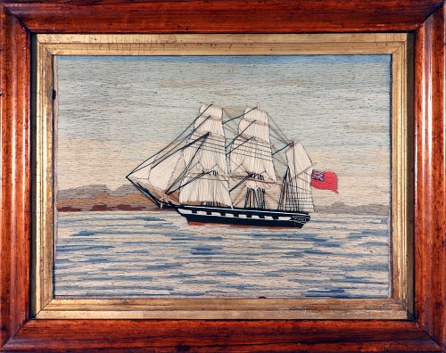 Inventory:  Sailor's Woolwork, British Sailor's Woolwork of a Royal Navy Ship With Red Ensign, 1865, $3,750