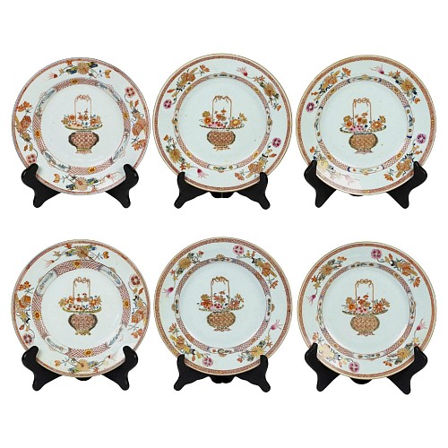 Chinese Export Porcelain Chinese Export Porcelain Famille Rose Plates Painted with Flower Baskets,
Yongzheng Period (1723-1735), 1723-30 $3,750