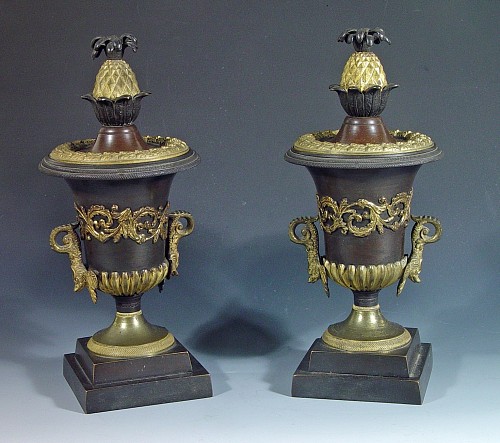 Inventory: English Regency Bronze & Ormolu Pineapple topped Urns with Reversible Candlestick, Circa 1815-30, $5,500