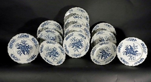 First Period Worcester Porcelain 18th Century Set of First Period Worcester Underglaze Blue Porcelain Pine Cone Pattern Dinner Plates, 1770 $5,500