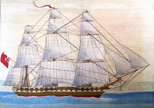 Inventory:  Sailor's Woolwork, British Sailor's Large Woolwork of Royal Navy Ship, 1865-75, $6,250