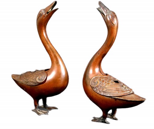 Inventory:  Japanese Porcelain, Japanese Bronze Pair of Geese Koro, Late 19th Century, $1,500