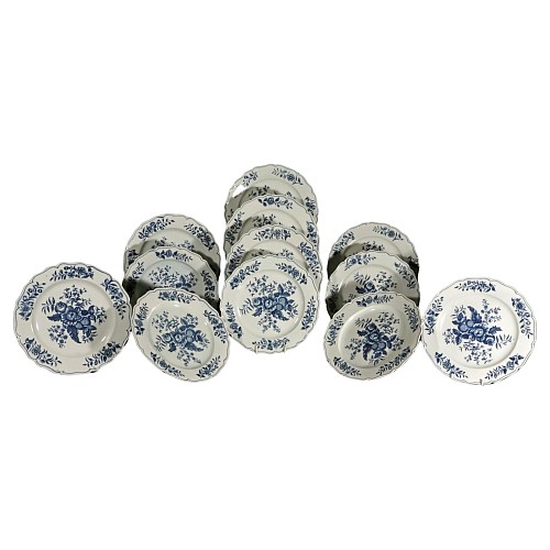 Inventory:  First Period Worcester Porcelain, 18th Century Set of First Period Worcester Underglaze Blue Porcelain Pine Cone Pattern Dinner Plates, 1770, $5,500