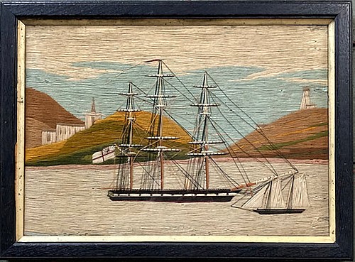Inventory:  Sailor's Woolwork, British Sailor's Woolwork of Royal Navy Ships in a Bay, 1875, $6,000