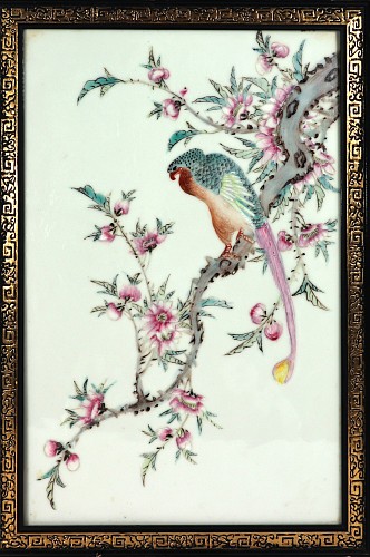Chinese Porcelain Chinese Porcelain Framed Famille Rose Plaque of Long Tailed Hawk on a Rose Tree Branch, 20th Century $3,000
