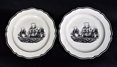 Inventory:  Pearlware, Antique English Liverpool Pottery Pearlware Printed Ship Plates, 1785-95, $950