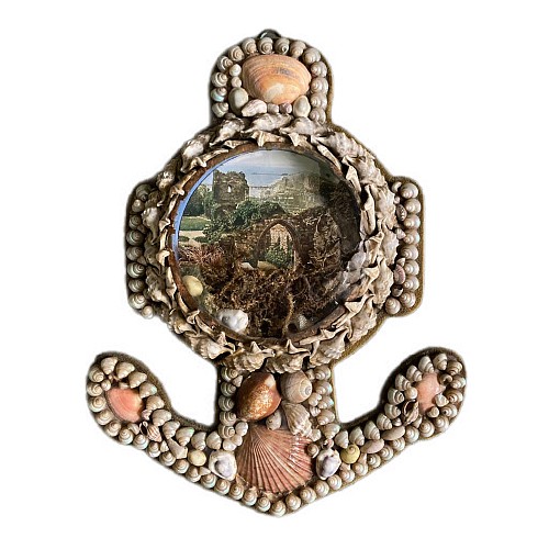 Inventory:  Sailor's Valentine, Anchor-shaped Seashell Valentine Diorama with Architectural Ruins, 1900, SOLD &bull;