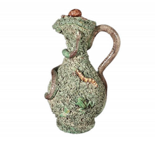 Inventory:  Majolica, Portuguese Majolica Large Palissy Covered Jug, 1880, $2,500