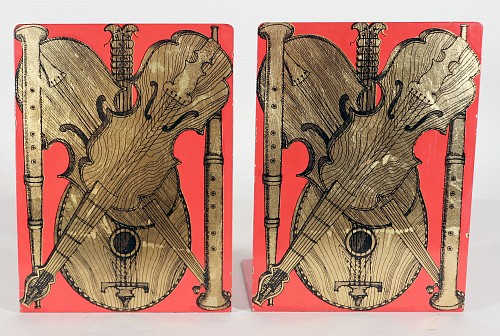 Inventory:  Piero Fornasetti, Piero Fornasetti Red Strumenti Musicali Music Metal Bookends, Circa 1960, $1,250