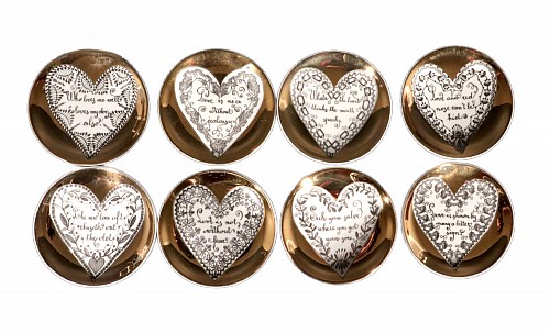Piero Fornasetti Piero Fornasetti Ceramic "Love" Coasters, a Complete Set of Eight with Original Red Box, 1950s-60s $1,250