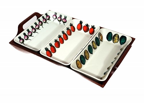 Inventory:  Piero Fornasetti, Piero Fornasetti Ceramic Appetizer Set and Tray, 1960s, $1,250