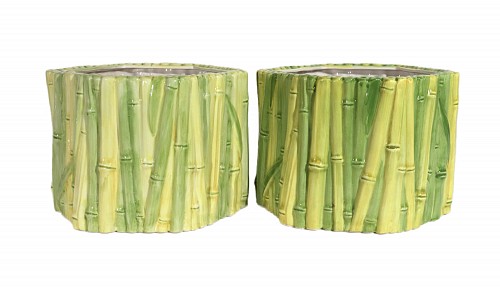 Inventory:  Vintage, Italian Hollywood Regency Faux Bamboo ceramic Cache Pots- A Pair, 1960s, $1,500