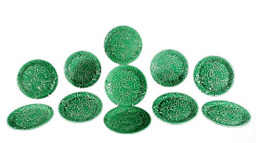 Inventory:  Vintage, Vintage Green-glaze Majolica Lotus Pattern Pottery Plates- Set of Eleven, 1983, $1,250