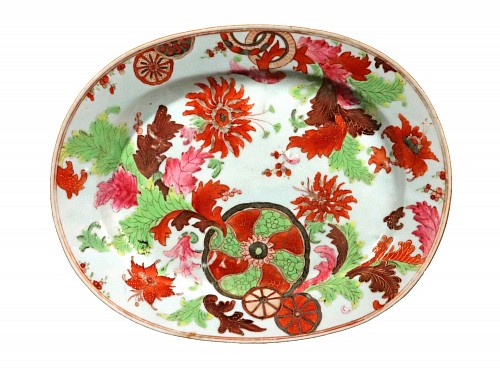 Chinese Export Porcelain Chinese Export Pseudo Tobacco Leaf Porcelain Oval Dish, 1765 $3,000