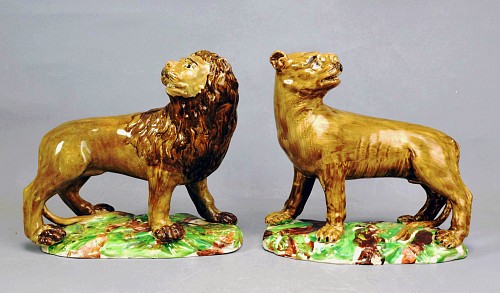 Inventory:  Pearlware, 18th Century English Pottery Pearlware Lion & Lioness Figures- Ralph Wood Type, 1780-1800, $5,500