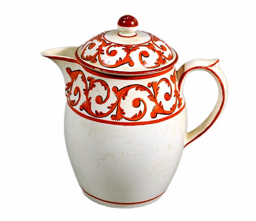 Inventory:  Creamware Pottery, Creamware Covered Jug and Cover with Orange Foliate Scroll Designs, Circa 1820, $650