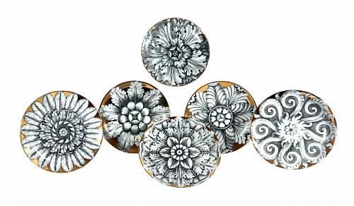 Inventory:  Piero Fornasetti, Vintage Set of Six Piero Fornasetti Porcelain Rosoni Pattern Plates Depicting Rosettes, 1980s, SOLD &bull;