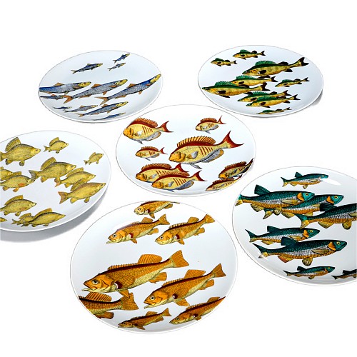 Piero Fornasetti Piero Fornasetti "Pesci" Porcelain Plates, Set of Six Plates with School of Fish, 1970 $3,750