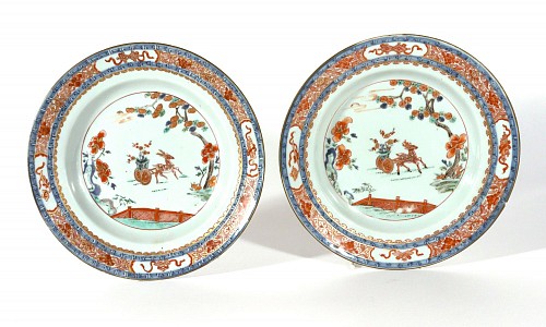 Chinese Export Porcelain Chinese Export Porcelain Verte Imari Soup Plates with Deer in Garden, Late Kangxi to Yongzheng SOLD &bull;