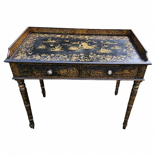 Inventory:  China Trade, Chinese Export Black Lacquered Writing Table or Desk with Gilt Landscape and Floral Decoration, Canton, Early 19th century, SOLD &bull;