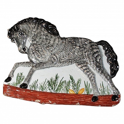 Inventory:  Rorstrand, Continental Faience Plaque in the from of a Horse, Probably Rorstrand, Sweden, Circa 1840, $950