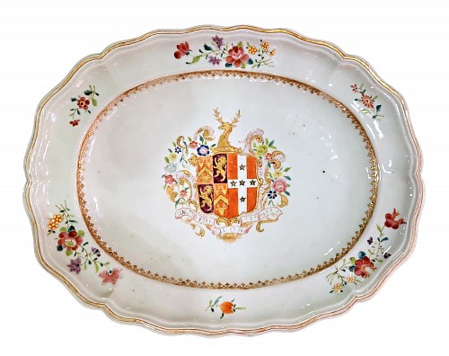 Inventory:  Chinese Export Porcelain, Chinese Export Porcelain Armorial Dish Arms of Hugget Quarterly Impaling Randolph, 1755, $4,500