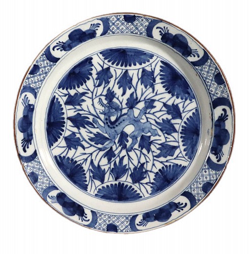 Inventory:  Dutch Delft, Dutch Delft Large Dish with Chinoiserie Dragon Design, 1700, $2,000