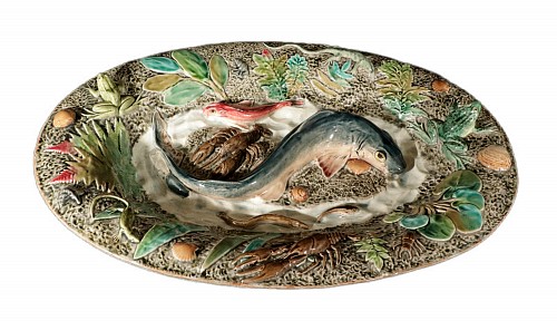 Inventory:  Majolica, French Majolica Large Palissy Fish Dish, Longchamp Maker, 1880, $5,500