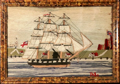 Inventory:  Sailor's Woolwork, British Sailor's Woolwork of Royal Navy Ship off Land, Signed & Dated WR 1865, 1875, SOLD &bull;