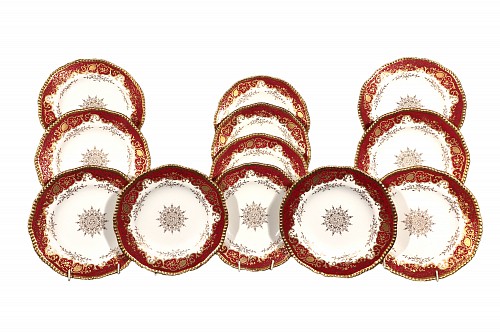 Inventory:  British Porcelain, Gilded Age Coalport Porcelain Set of Dessert Plates, Set of Twelve, 1900, $2,250