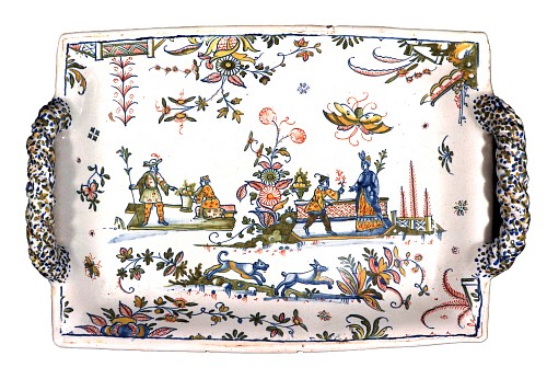 French Faience French Marseille Fa&Atilde;&macr;ence Chinoiserie Footed Tray (Bannette), attributed to the Leroy Workshop, Circa 1730 $6,000