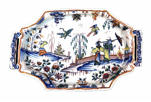 French Faience French Fa&Atilde;&macr;ence Oblong Octagonal Chinoiserie Tray (Bannette), Most likely Rouen, Circa 1730-40 $7,800