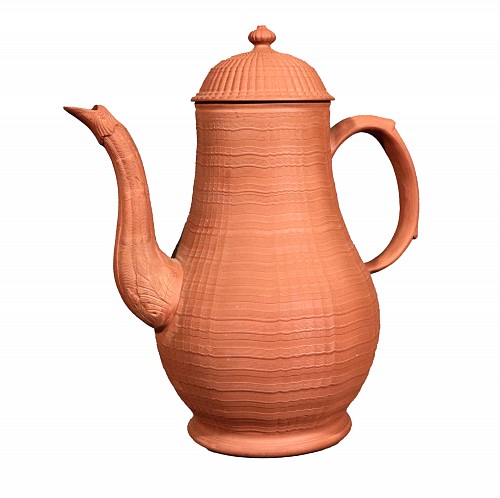Inventory:  British Pottery, English Stoneware Pottery Redware Engine Turned Coffee Pot, 1765, $2,750